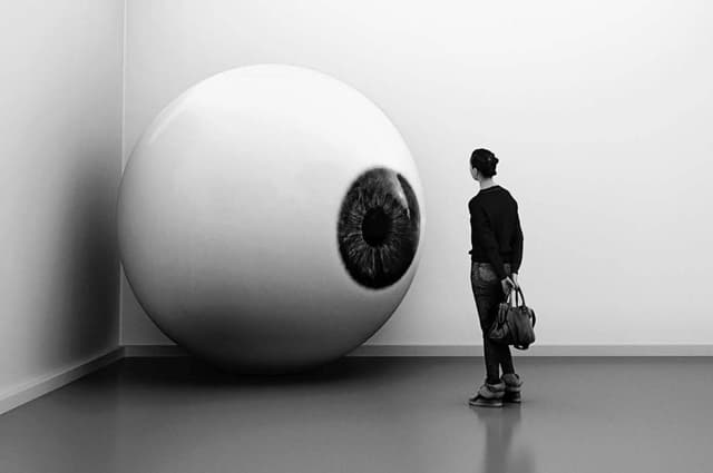 A person looking at a giant eyeball sculpture