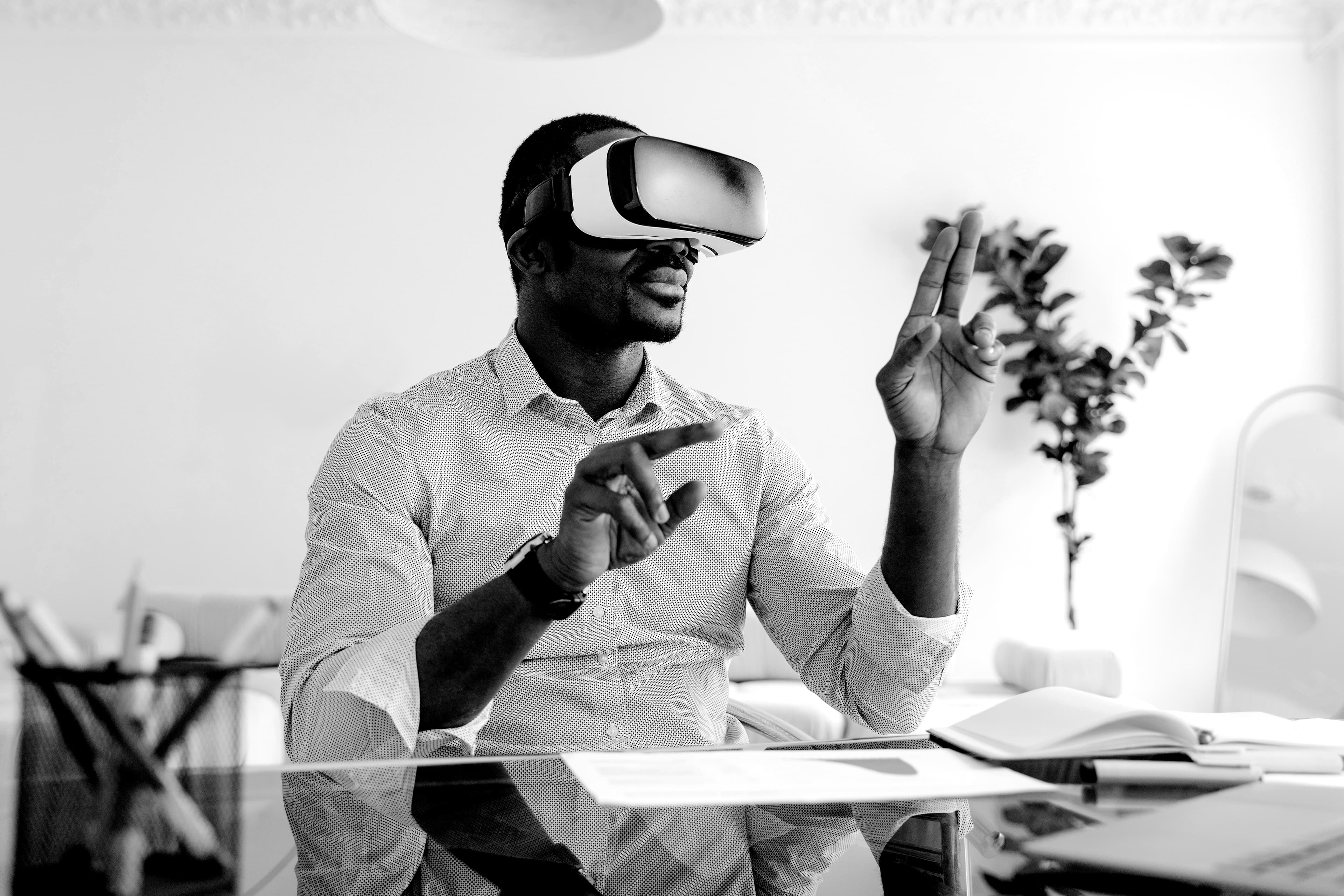 A male wearing a virtual reality headset