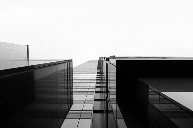 Perspective looking up at a modern skyscraper