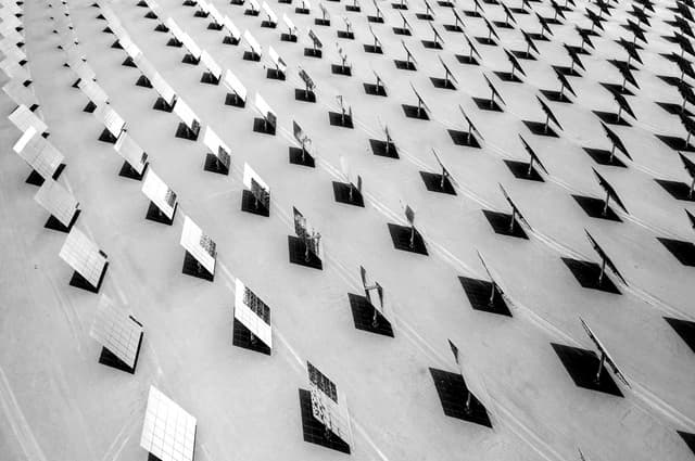 Hundreds of solar panels, with their shadows being cast behind them