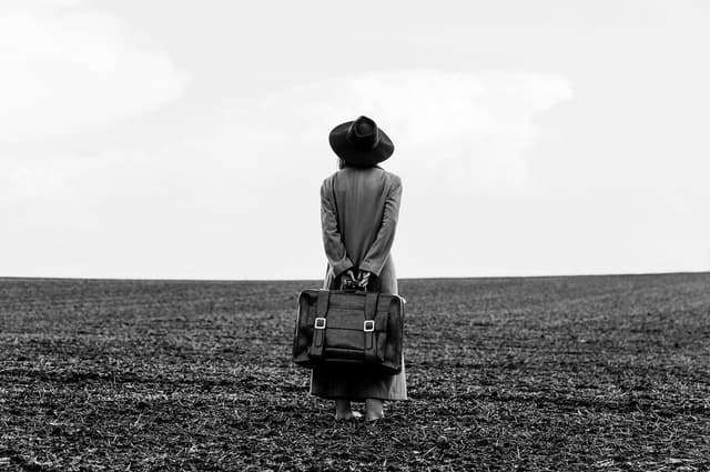 a woman in coat and hat with a briefcase stands looking at the landscape