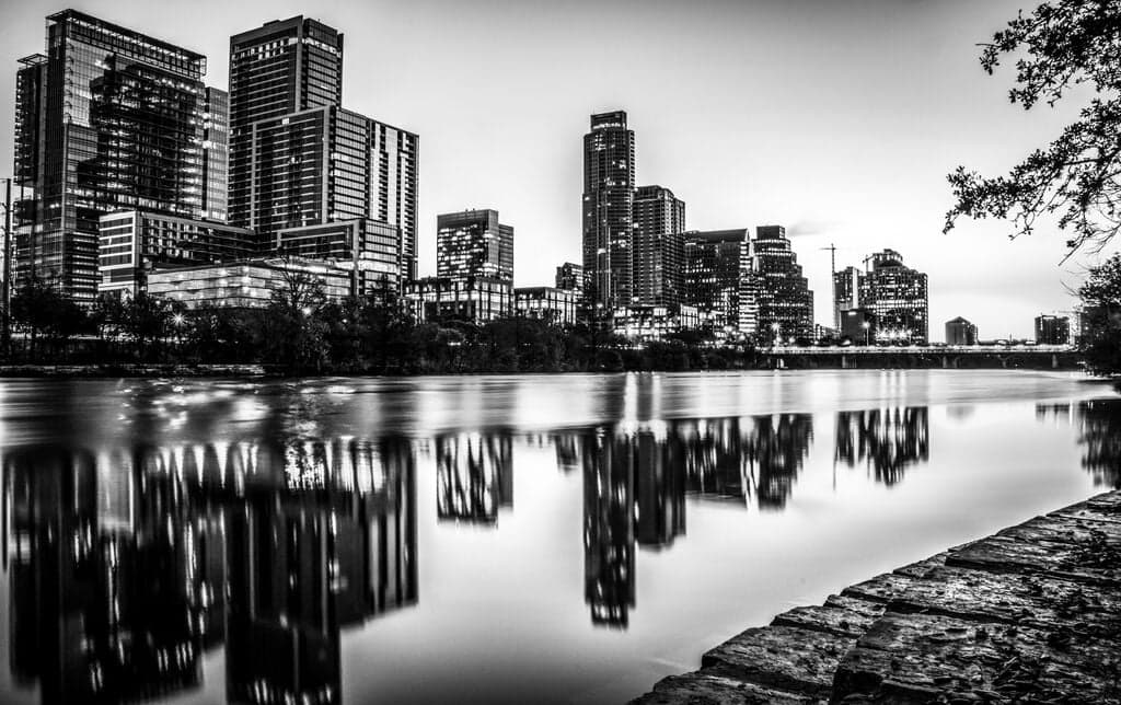 Texas skyline mirrored in the Colorado River